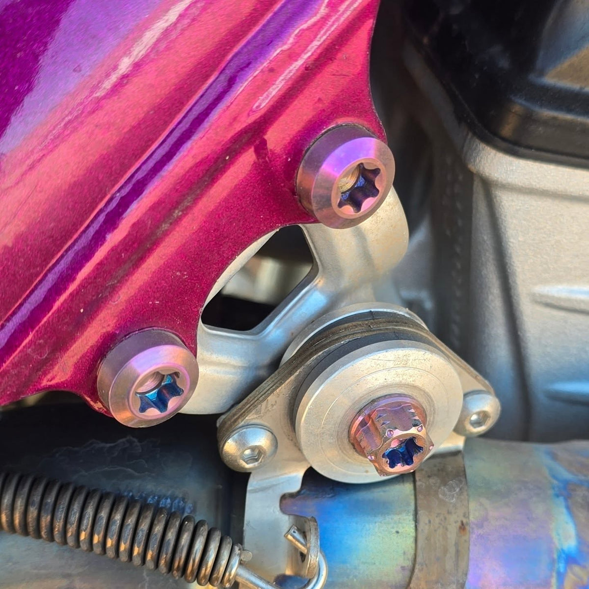 Pink-purple titanium engine mount bracket bolts and an M8x20 exhaust bolt on Isla's pink-frame Husqvarna FC 250